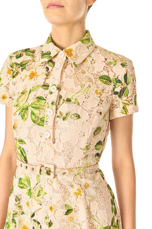 Monique Lhuillier Spring 2025 Rose printed lace shirt dress with short sleeves, button front bodice, self-fabric belt at waist and midi length skirt - fabric detail.