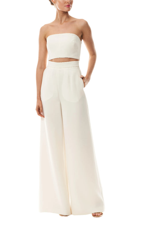 Monique Lhuillier Spring 2025 wide leg palazzo trouser in silk white wool suiting - front.
