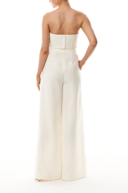Monique Lhuillier Spring 2025 wide leg palazzo trouser in silk white wool suiting - back.