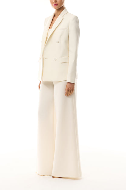 Monique Lhuillier Spring 2025 wide leg palazzo trouser in silk white wool suiting - side.