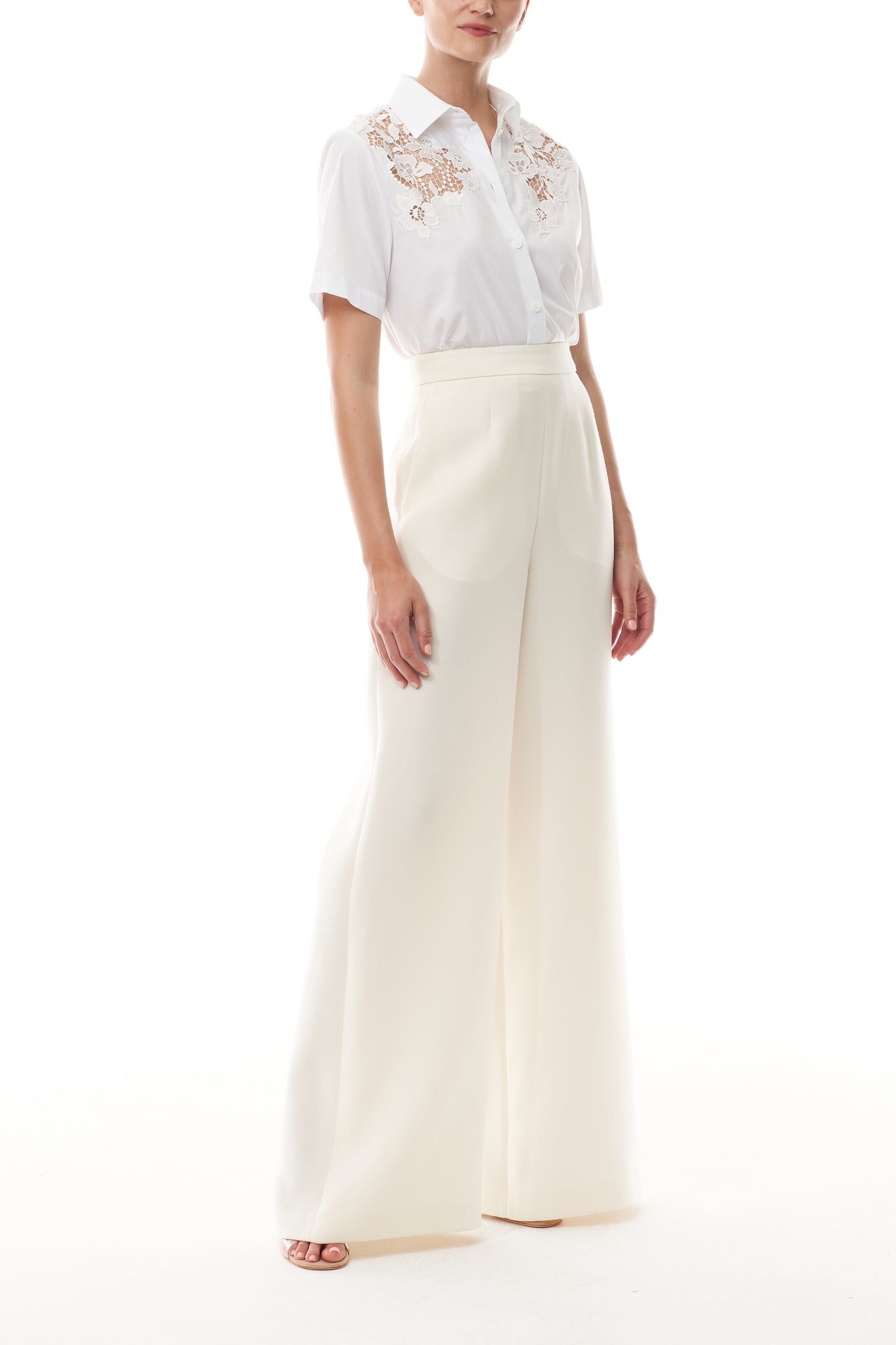 Monique Lhuillier silk white palazzo trouser with poplin and lace collared shirt.