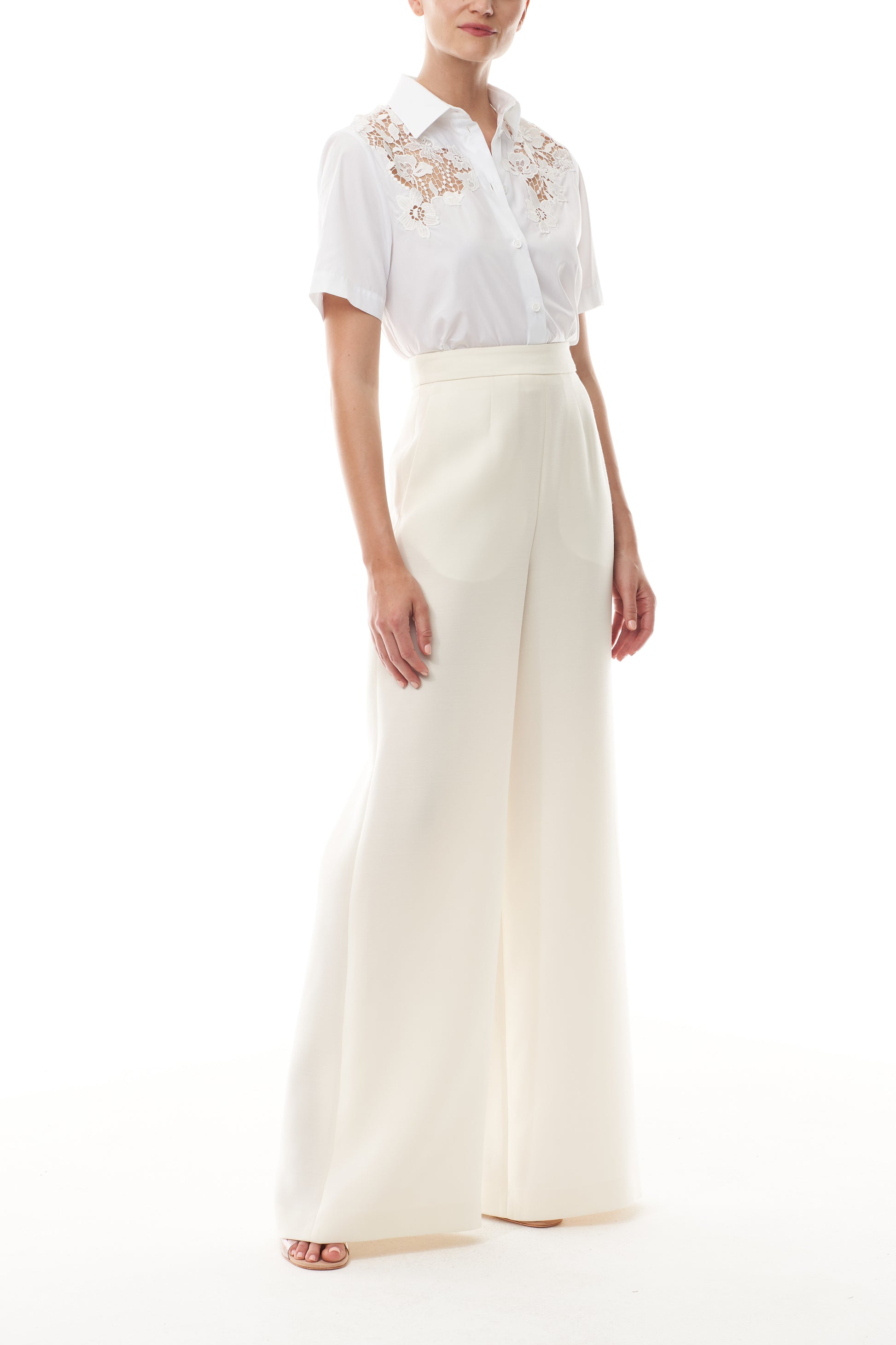 Monique Lhuillier silk white palazzo trouser with poplin and lace collared shirt.