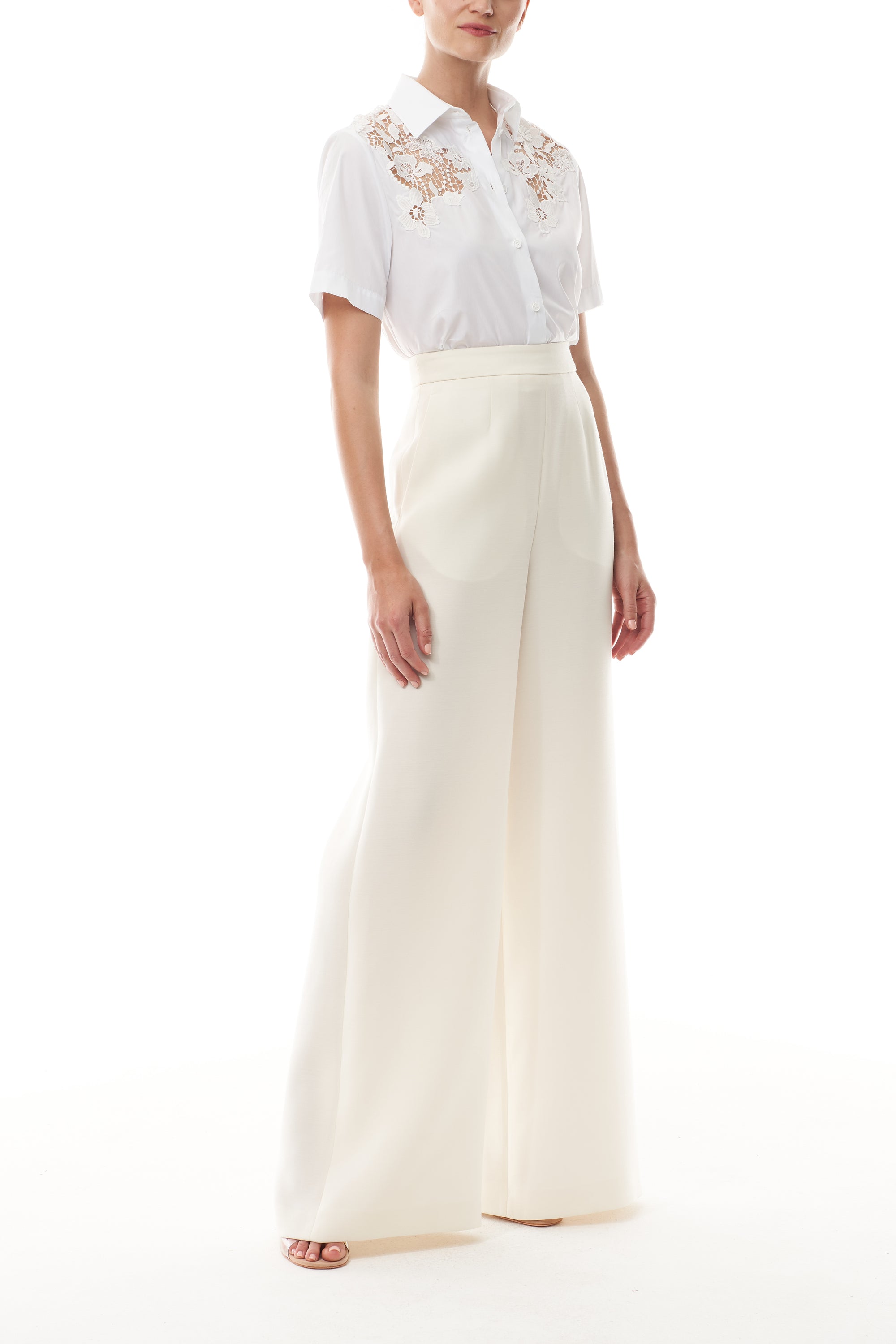 Monique Lhuillier silk white palazzo trouser with poplin and lace collared shirt.