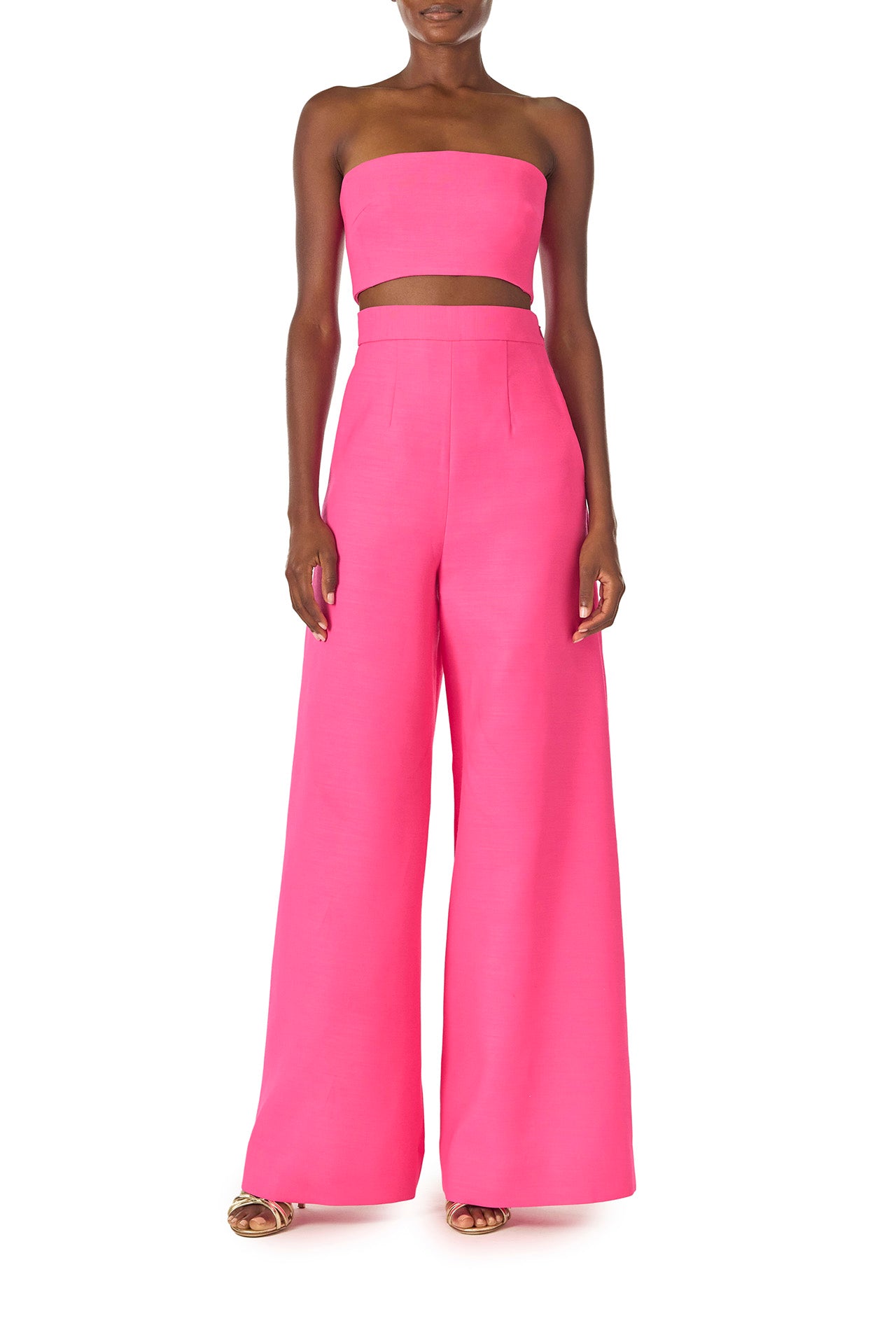 Monique Lhuillier Spring 2025 palazzo trouser in hibiscus wool-silk suiting - front.