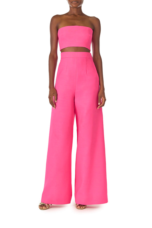 Monique Lhuillier Spring 2025 palazzo trouser in hibiscus wool-silk suiting - front.