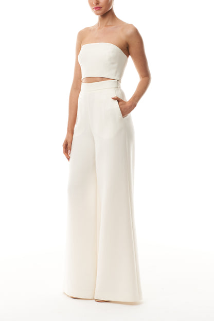 Monique Lhuillier Spring 2025 strapless bandeau in silk white wool suiting fabric - side.