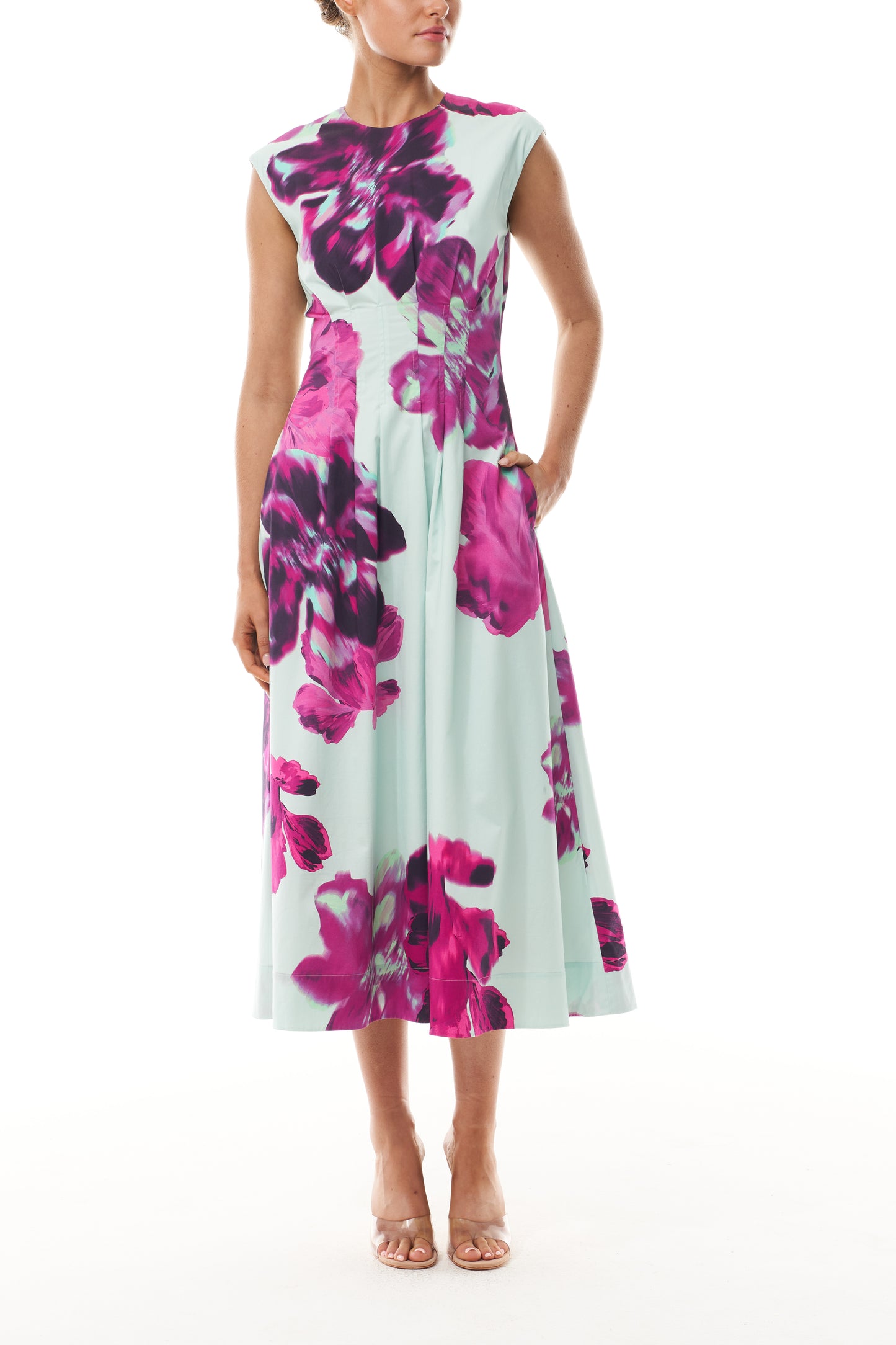 Monique Lhuillier Fall 2025 Lagoon Multi Electric Floral Printed Poplin sleeveless pleated day dress- front. 