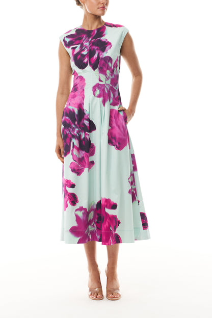 Monique Lhuillier Fall 2025 Lagoon Multi Electric Floral Printed Poplin sleeveless pleated day dress- front. 