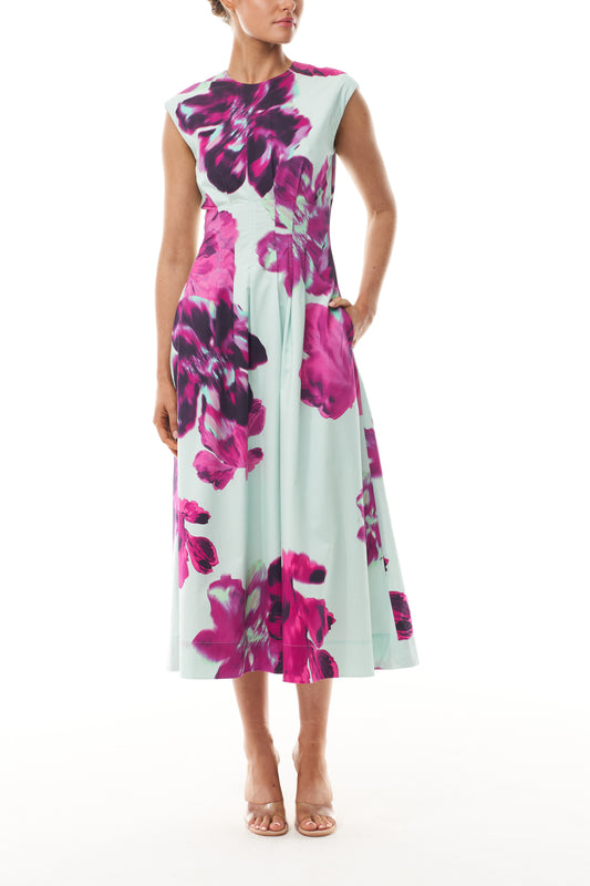 Monique Lhuillier Fall 2025 Lagoon Multi Electric Floral Printed Poplin sleeveless pleated day dress- front. 