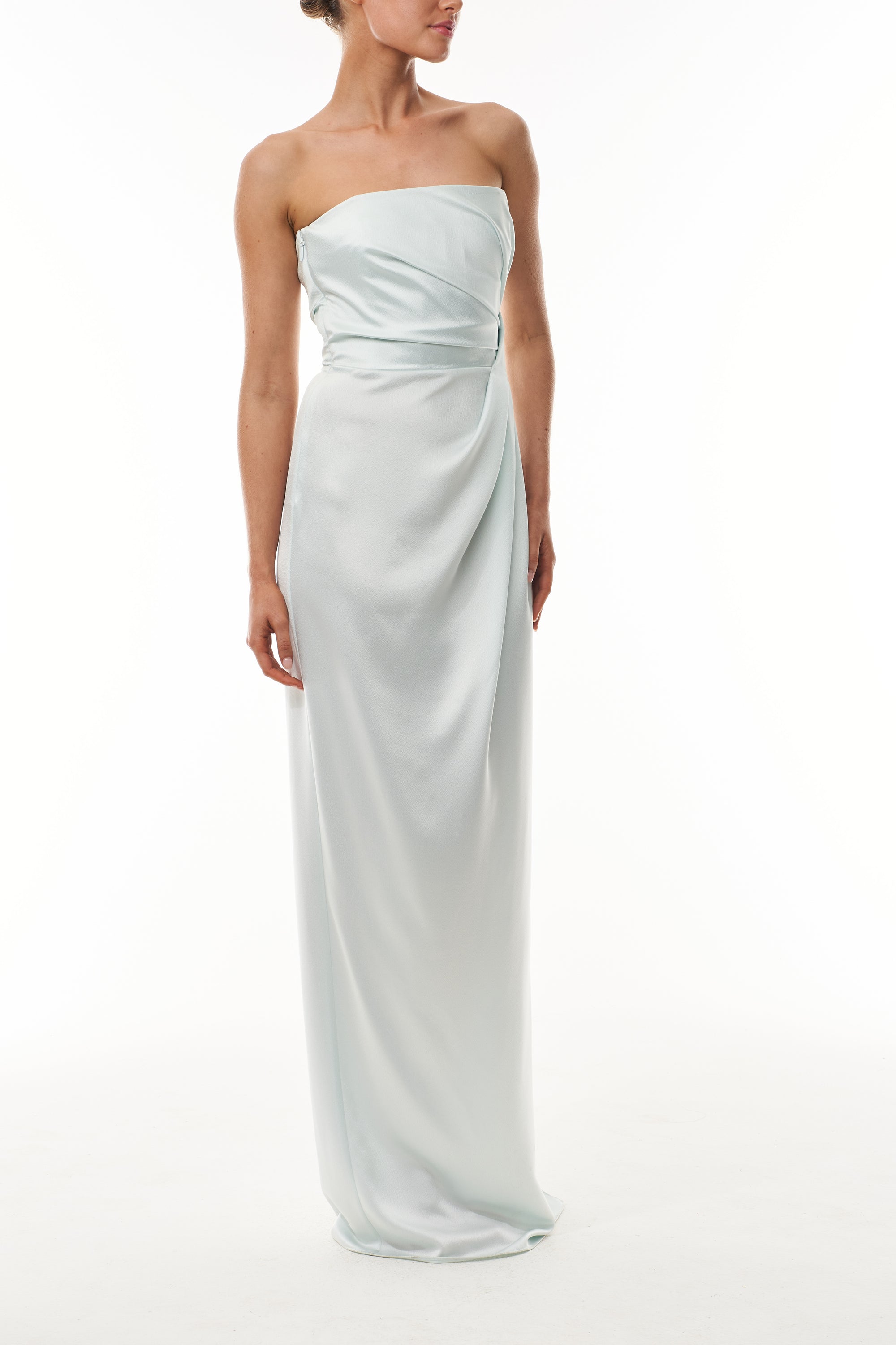 Monique Lhuillier Fall 2025 Mist draped strapless column gown in crepe back satin - front.