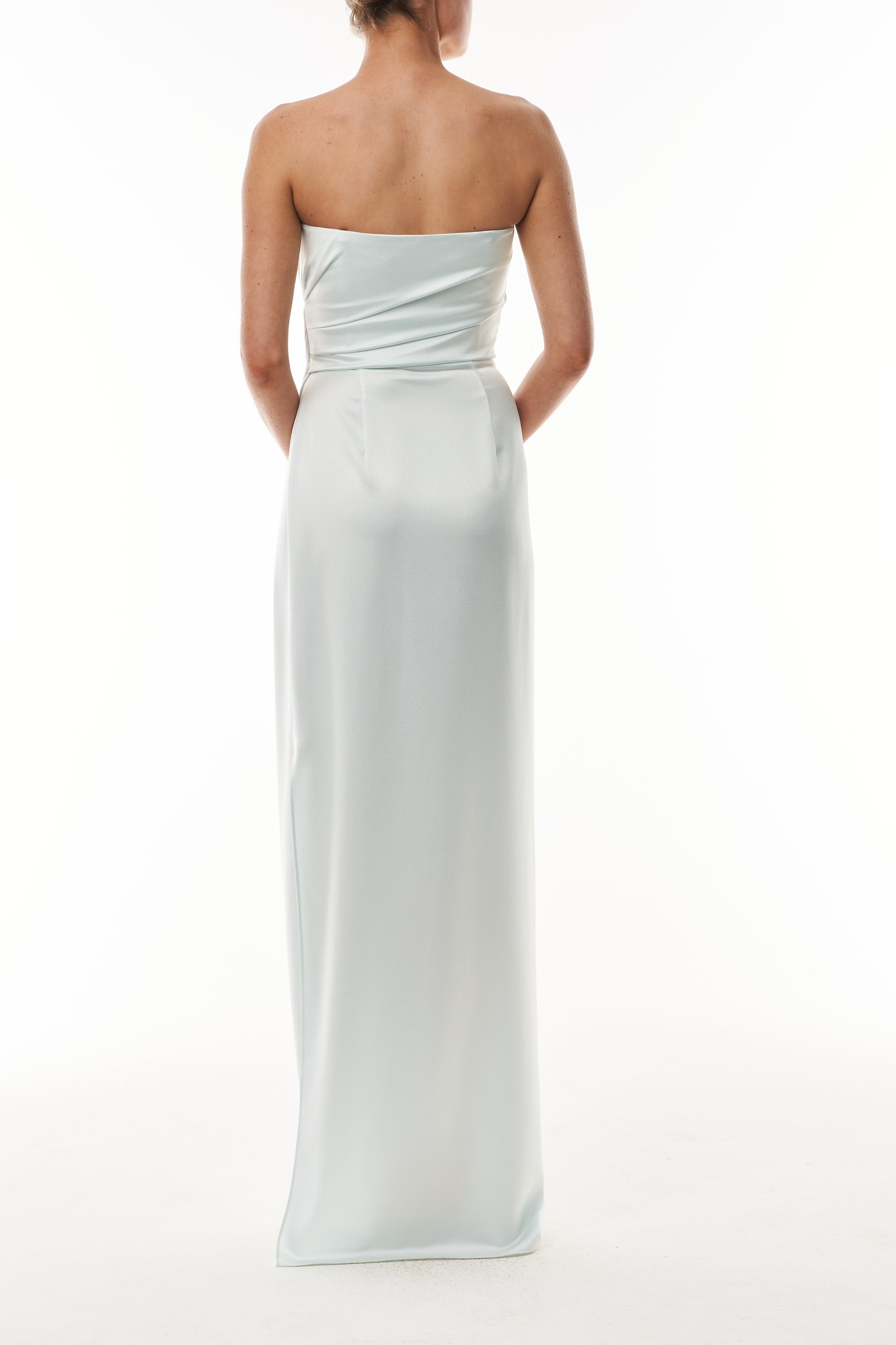 Monique Lhuillier Fall 2025 Mist draped strapless column gown in crepe back satin - back.