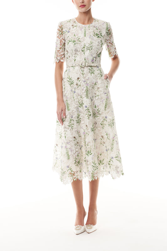 Monique Lhuillier Fall 2025 Floral Multi pressed floral printed lace short sleeve day dress with belt - front. 