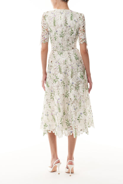 Monique Lhuillier Fall 2025 Floral Multi pressed floral printed lace short sleeve day dress with belt -  back.