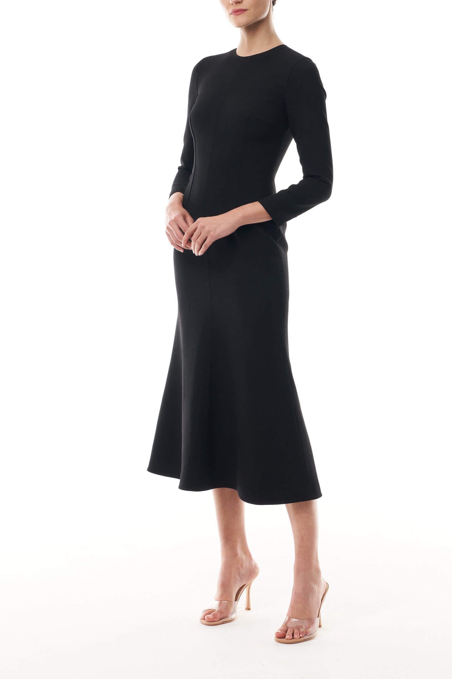 Monique Lhuillier Fall 2025 Noir Long sleeve midi dress in lightweight silk wool suiting - side.
