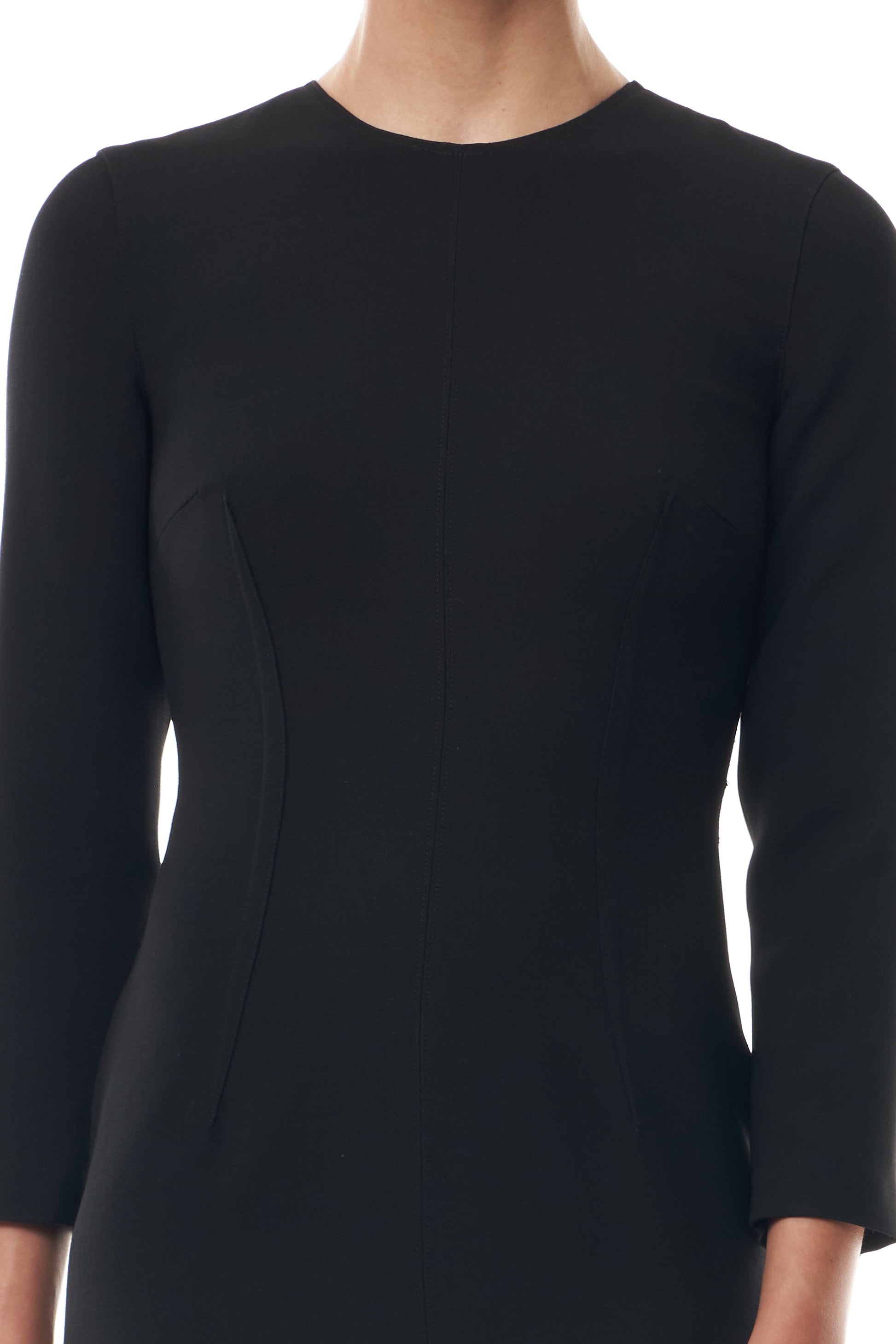 Monique Lhuillier Fall 2025 Noir Long sleeve midi dress in lightweight silk wool suiting - fabric. 