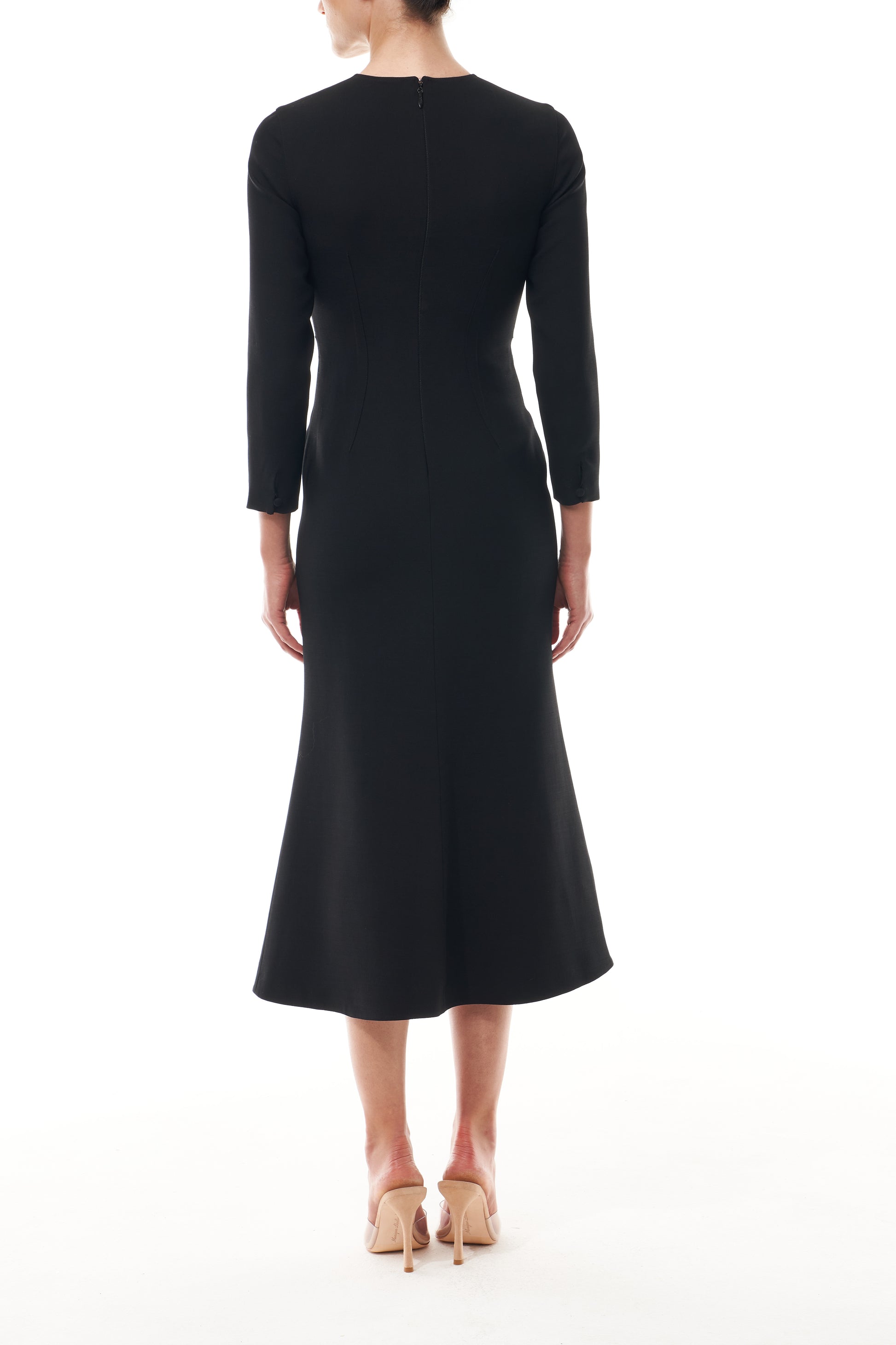 Monique Lhuillier Fall 2025 Noir Long sleeve midi dress in lightweight silk wool suiting - back.