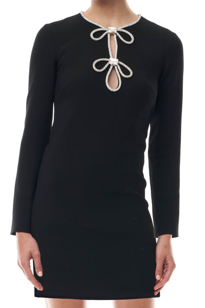 Monique Lhuillier Fall 2025 Noir Crystal bow key-hole mini dress in lightweight silk wool suiting - fabric.