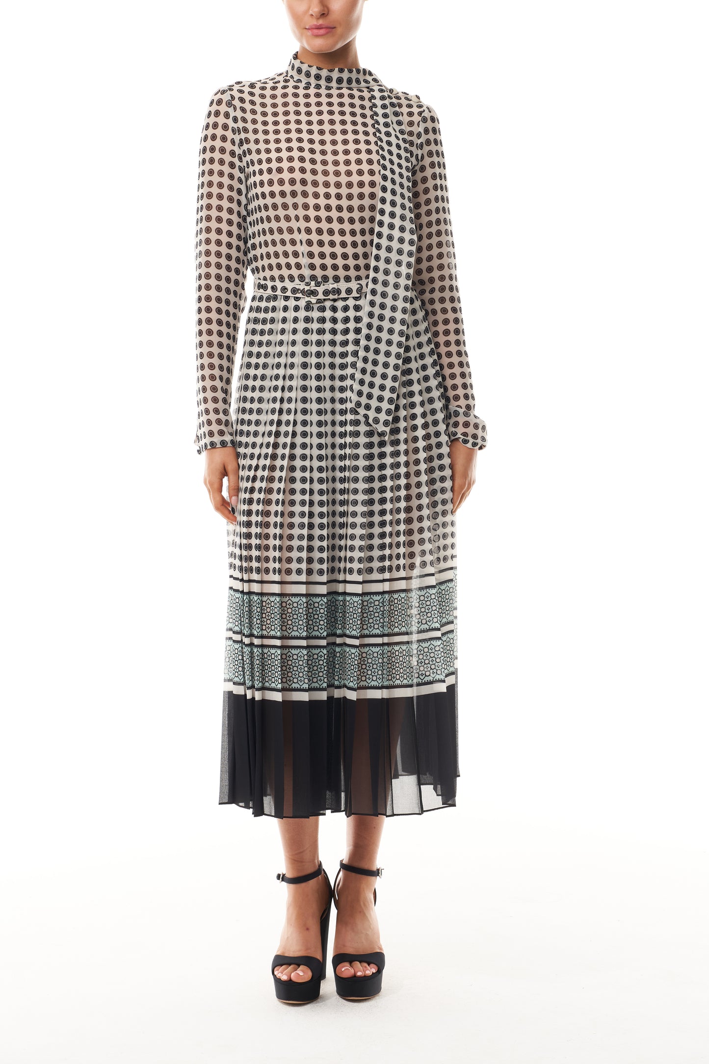 Monique Lhuillier Fall 2025 Ivory/Multi Geometric Printed Georgette Scarf neck pleated day dress- front.