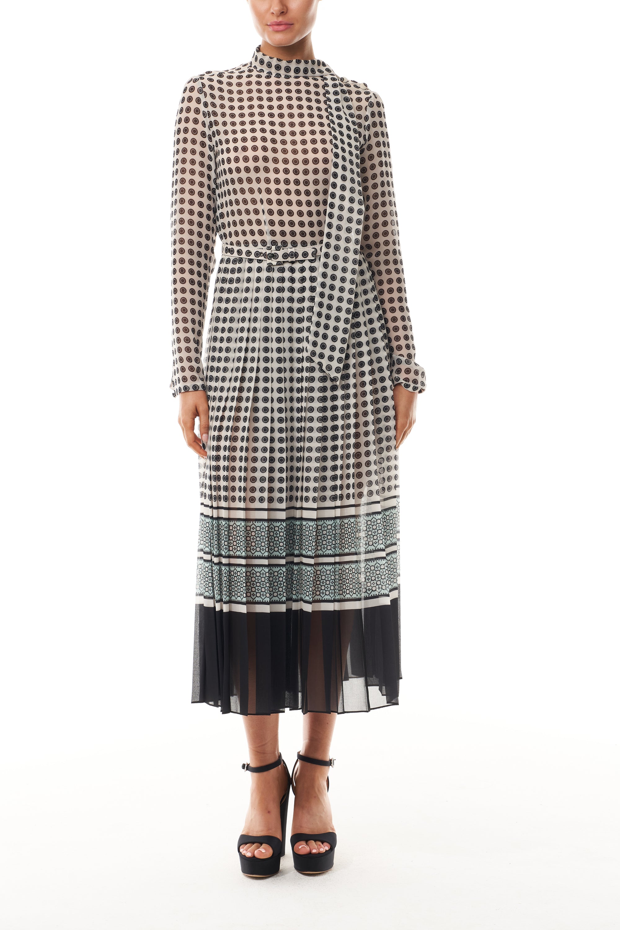 Monique Lhuillier Fall 2025 Ivory/Multi Geometric Printed Georgette Scarf neck pleated day dress- front.