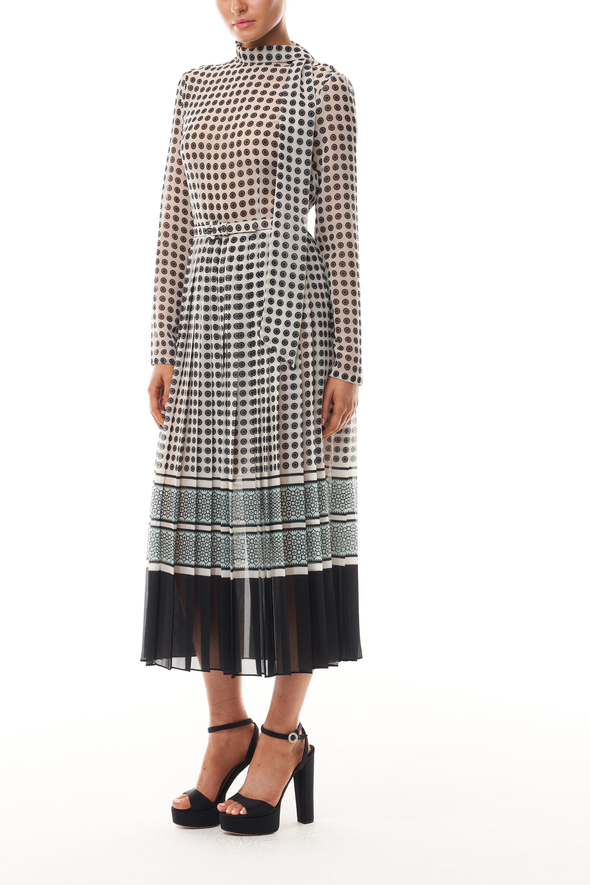 Monique Lhuillier Fall 2025 Ivory/Multi Geometric Printed Georgette Scarf neck pleated day dress-  side.