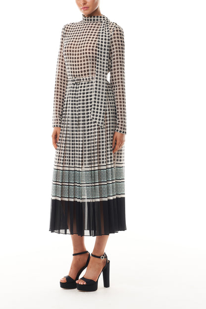 Monique Lhuillier Fall 2025 Ivory/Multi Geometric Printed Georgette Scarf neck pleated day dress-  side.