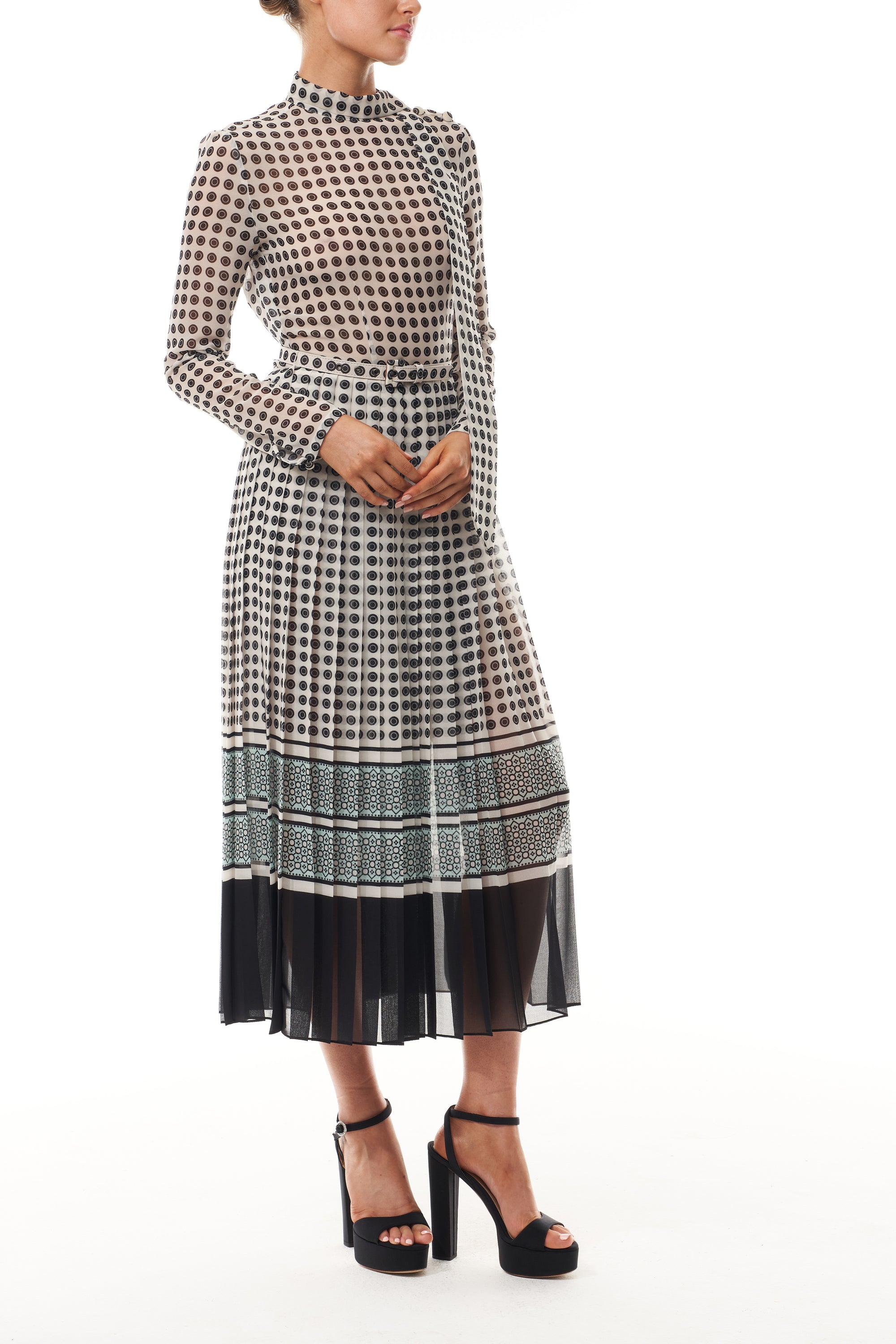 Monique Lhuillier Fall 2025 Ivory/Multi Geometric Printed Georgette Scarf neck pleated day dress- side.