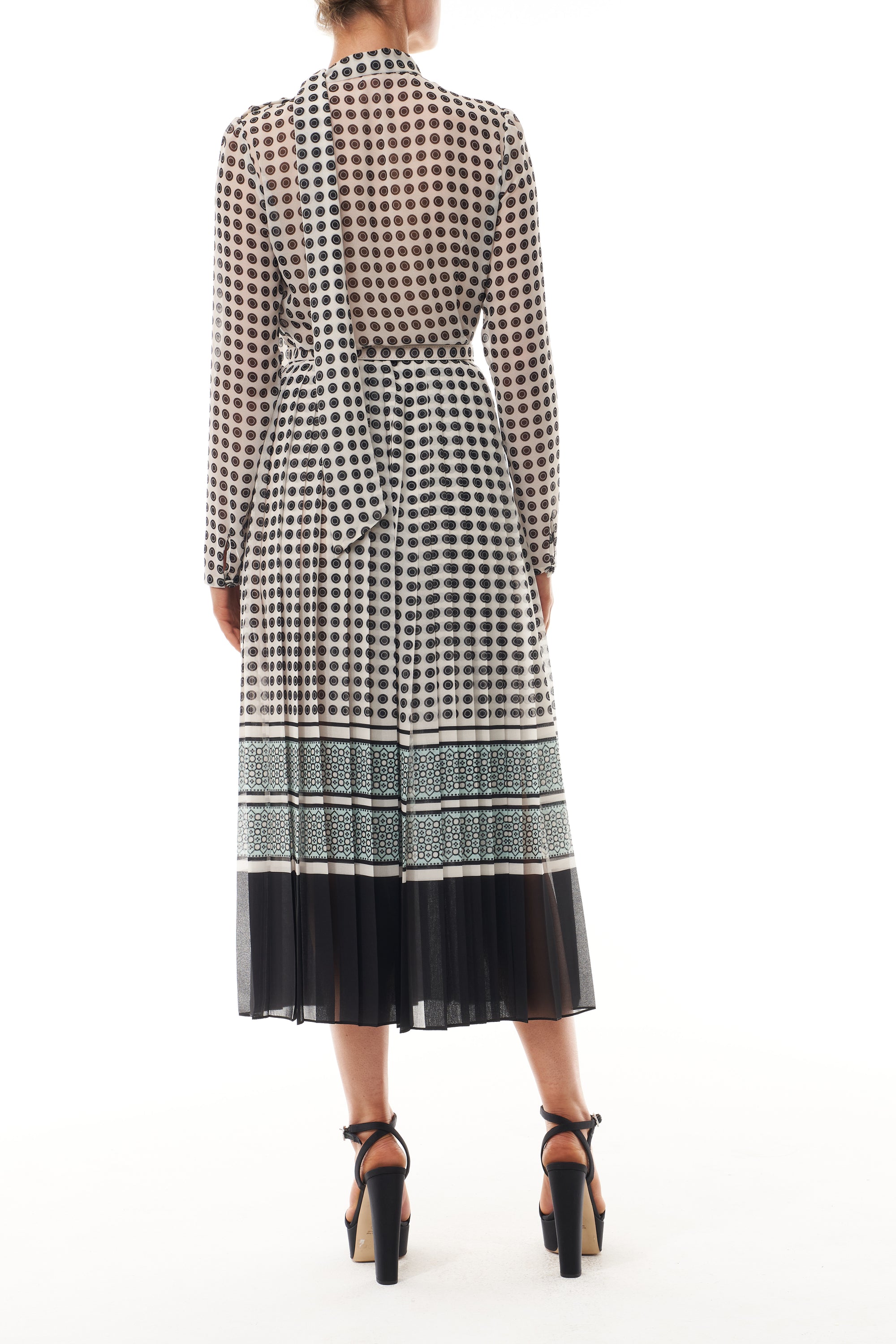 Monique Lhuillier Fall 2025 Ivory/Multi Geometric Printed Georgette Scarf neck pleated day dress-  back.