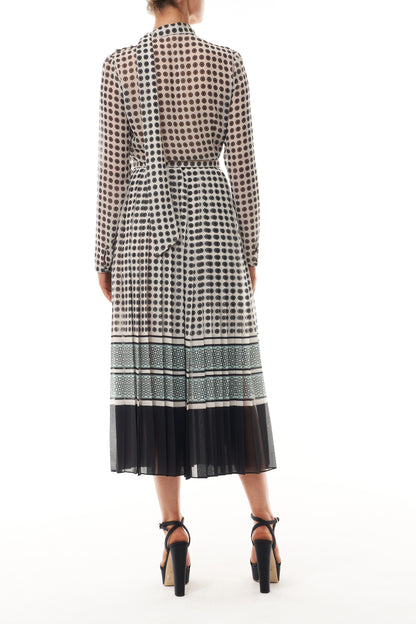 Monique Lhuillier Fall 2025 Ivory/Multi Geometric Printed Georgette Scarf neck pleated day dress-  back.