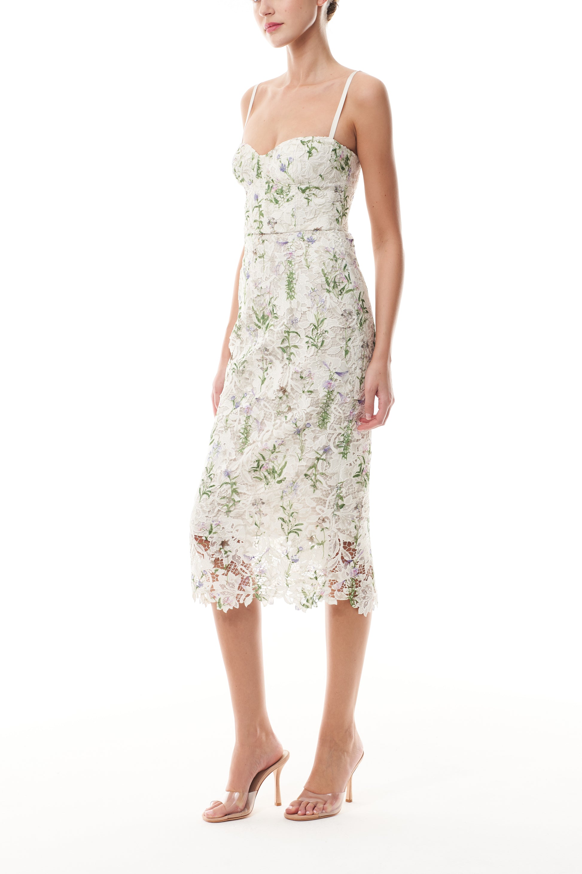 Monique Lhuillier Fall 2025 Corseted Floral Lace Dress in Pressed Floral Printed lace - side.