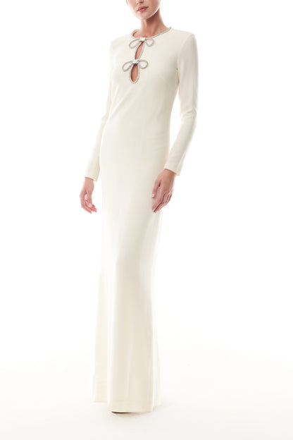 Monique Lhuillier Fall 2025 Ivory Crystal bow key-hole mini dress in lightweight silk wool suiting - side.