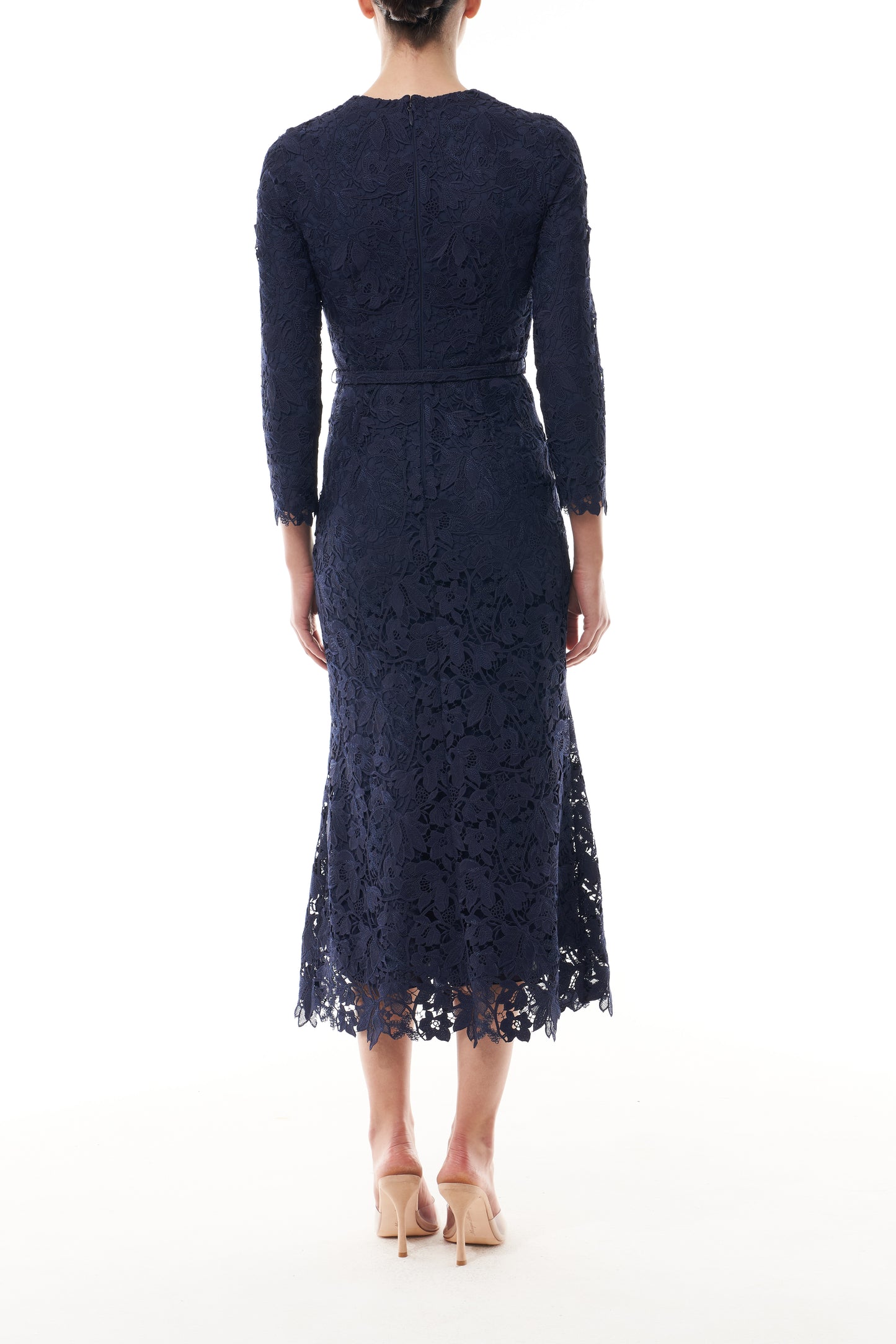 Monique Lhuillier Fall 2025 Long Sleeve Lace Midi Dress in Ocean Orchid Lace with belt - back.