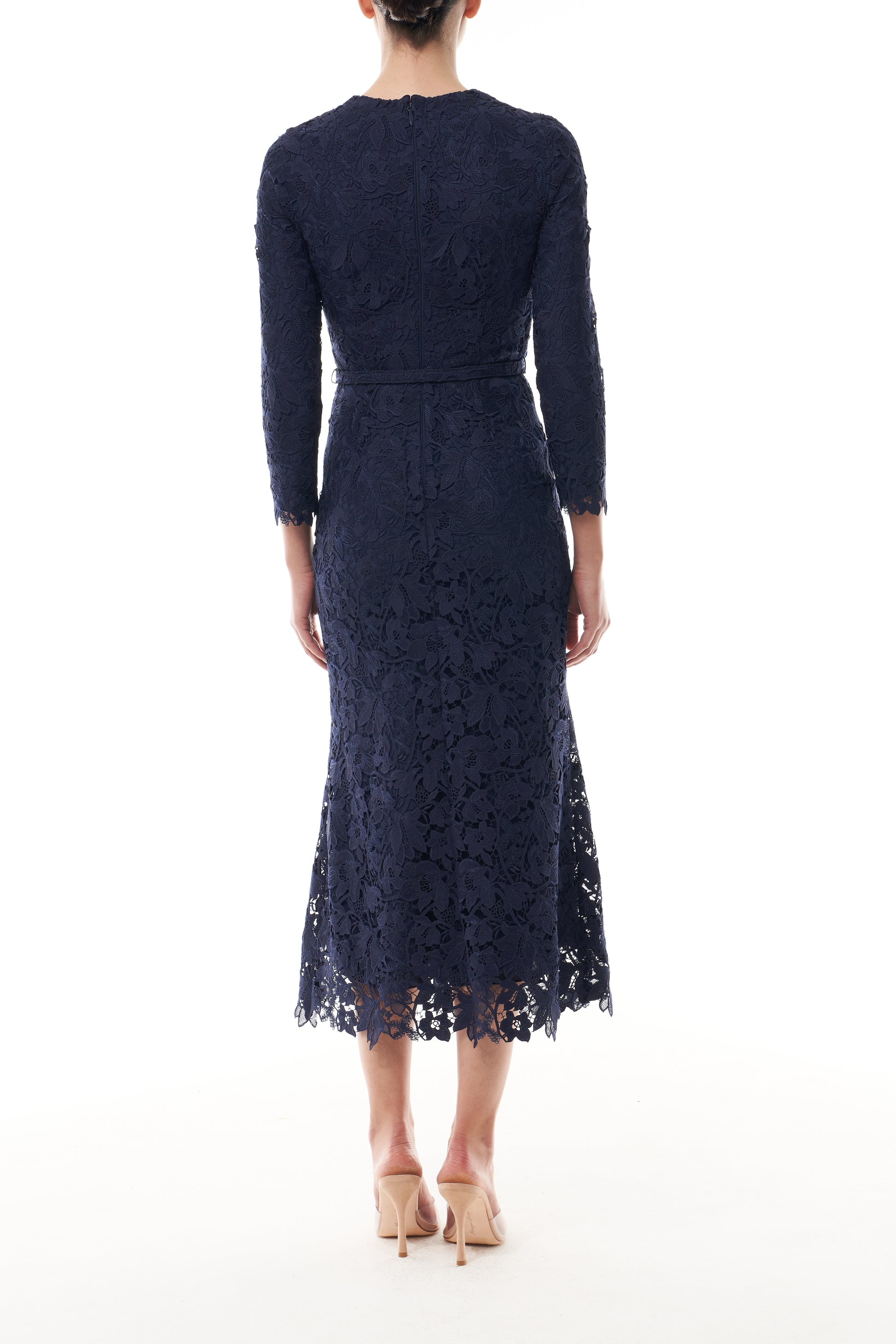 Monique Lhuillier Fall 2025 Long Sleeve Lace Midi Dress in Ocean Orchid Lace with belt - back.