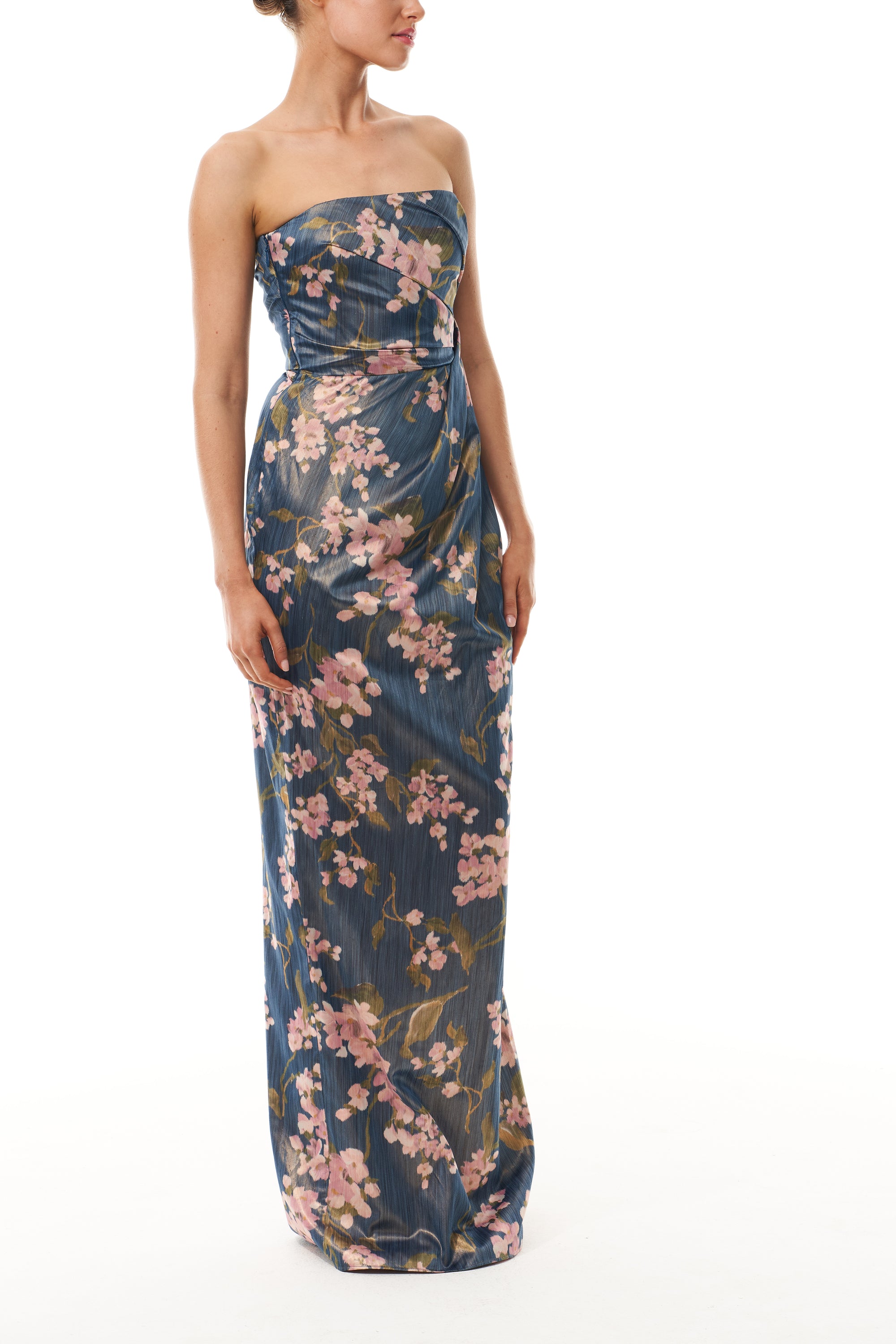 Monique Lhuillier Fall 2025 Draped Strapless Column Gown in Ocean/Multi Wisteria Printed Chine -  side.