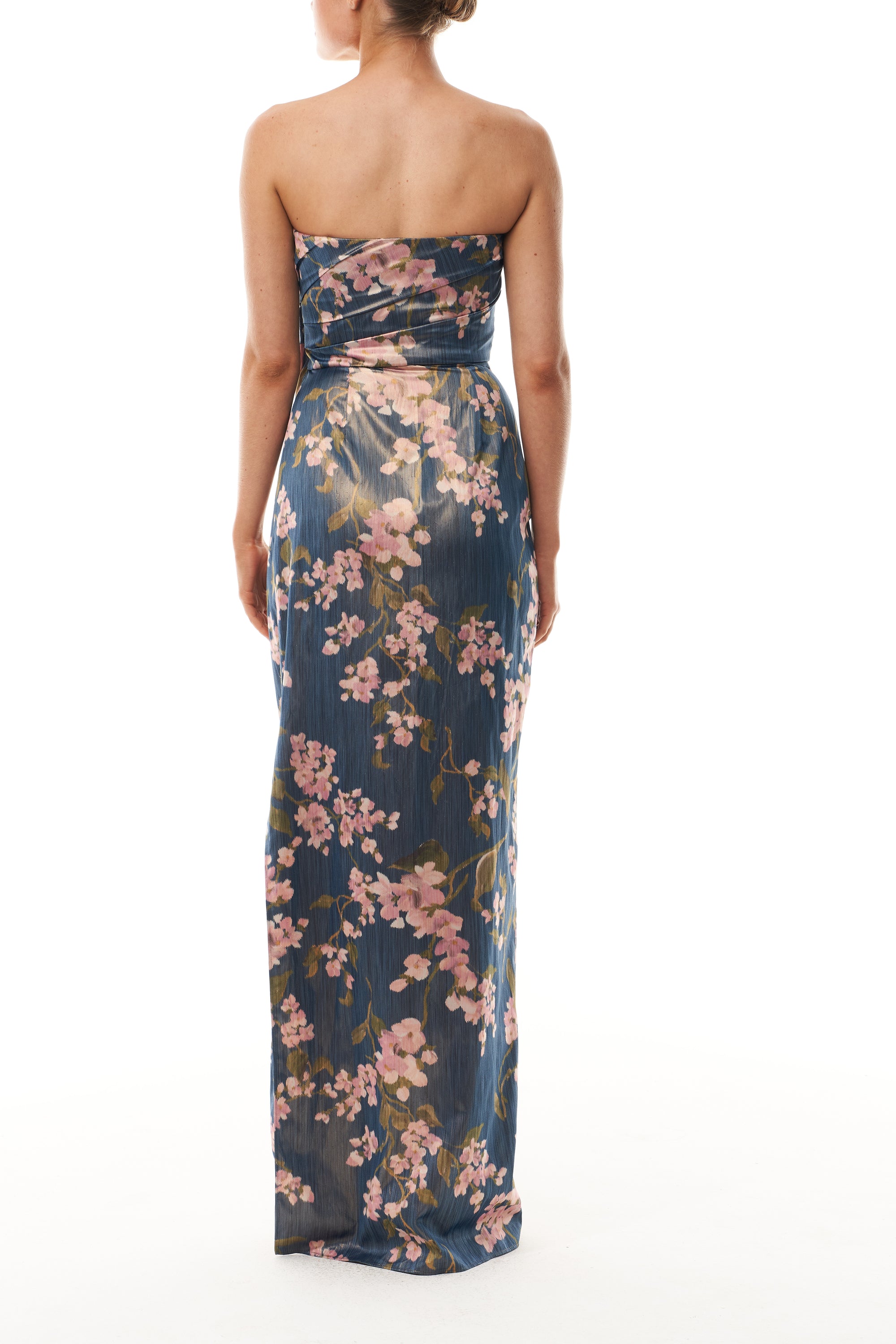 Monique Lhuillier Fall 2025 Draped Strapless Column Gown in Ocean/Multi Wisteria Printed Chine -  back.