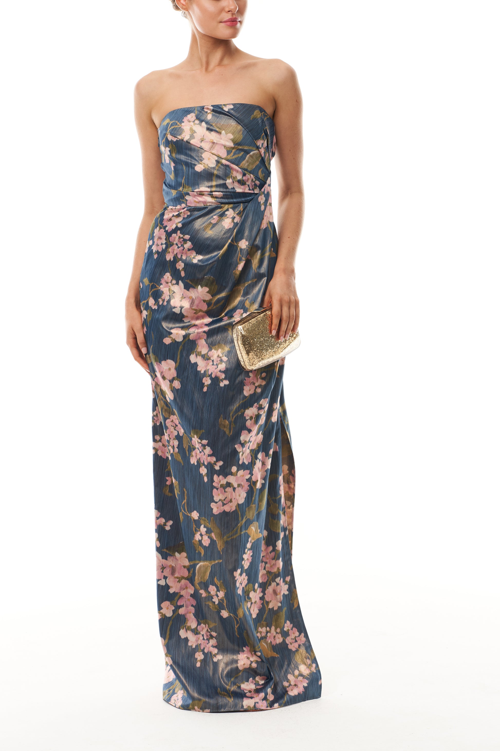 Monique Lhuillier Fall 2025 Draped Strapless Column Gown in Ocean/Multi Wisteria Printed Chine - front with gold Dasha.