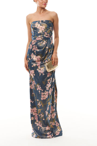 Monique Lhuillier Fall 2025 Draped Strapless Column Gown in Ocean/Multi Wisteria Printed Chine - front with gold Dasha.