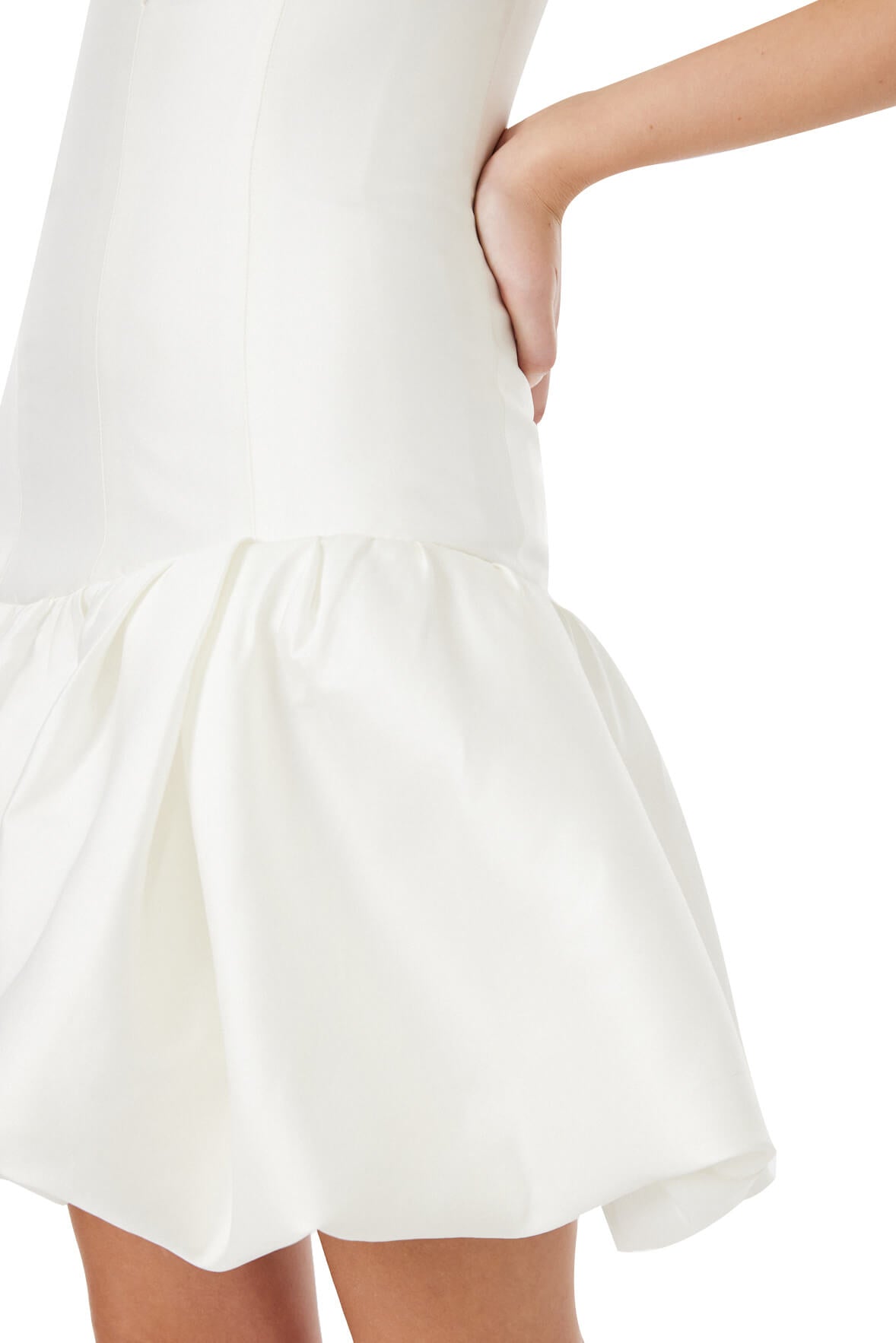 Monique Lhuillier strapless silk white mikado short dress with bubble hem and deep v sweetheart neckline.