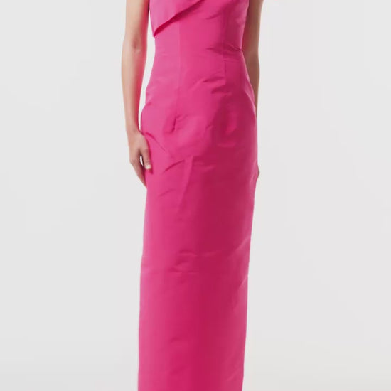 Monique Lhuillier Spring 2025 One shoulder, draped column gown with bow detail in Hot Pink faille fabric - video.