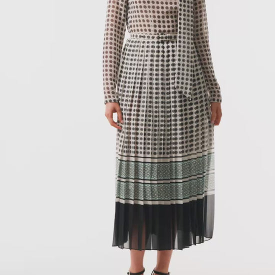 Monique Lhuillier Fall 2025 Ivory/Multi Geometric Printed Georgette Scarf neck pleated day dress- video.