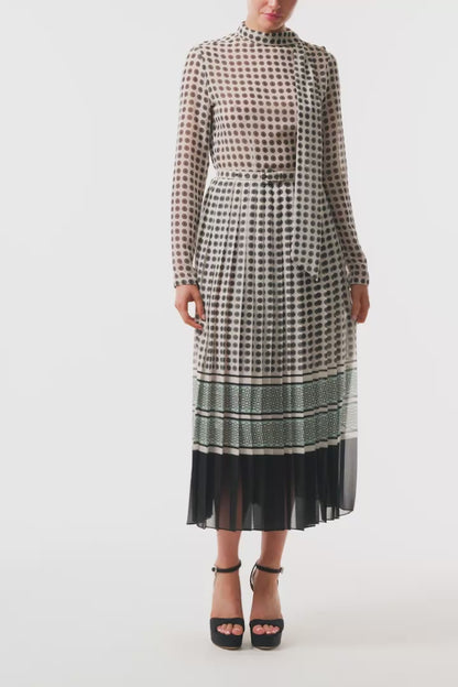 Monique Lhuillier Fall 2025 Ivory/Multi Geometric Printed Georgette Scarf neck pleated day dress- video.