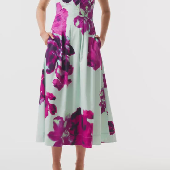 Monique Lhuillier Fall 2025 Lagoon Multi Electric Floral Printed Poplin sleeveless pleated day dress- video.