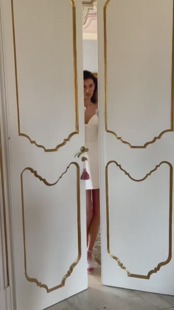 Monique Lhuillier "Marisa" dress - off the shoulder, mini dress in silk white mikado - video.