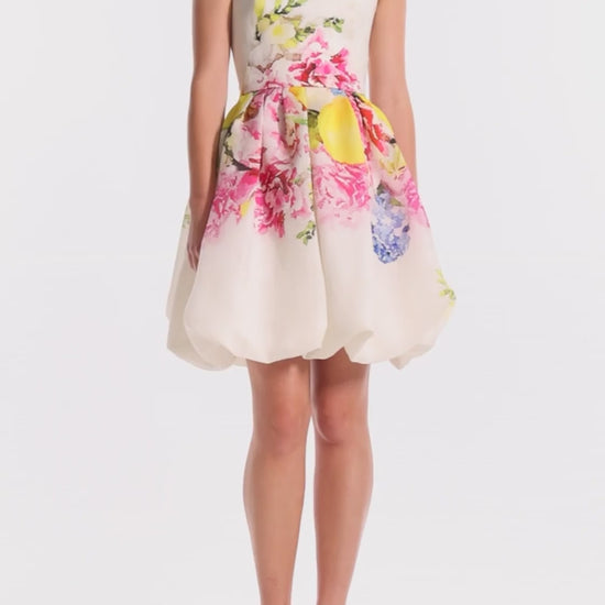 Monique Lhuillier strapless mini lemon and floral printed gazar dress - video.