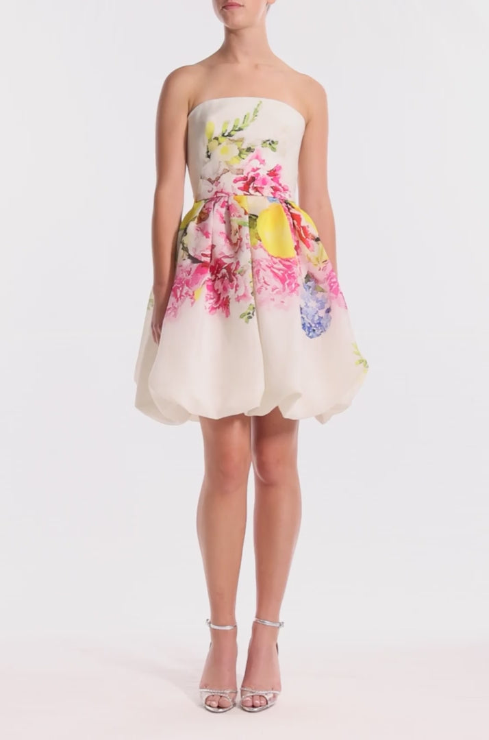 Monique Lhuillier strapless mini lemon and floral printed gazar dress - video.