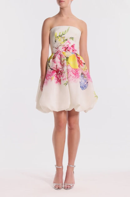 Monique Lhuillier strapless mini lemon and floral printed gazar dress - video.