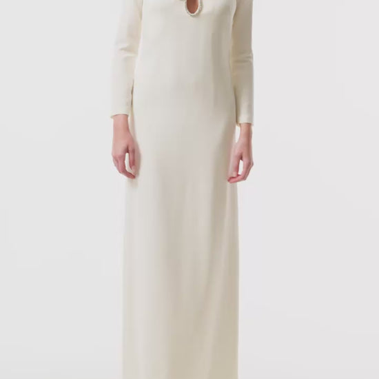 Monique Lhuillier Fall 2025 Ivory Crystal bow key-hole mini dress in lightweight silk wool suiting -  video.