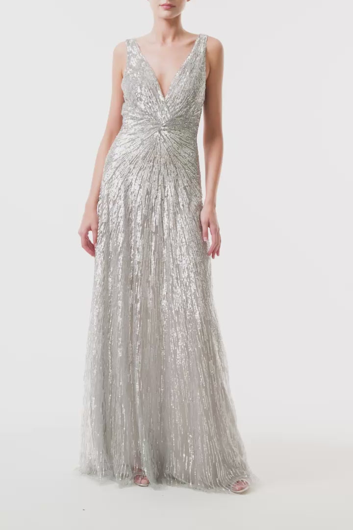 Monique Lhuillier Fall 2025 V-neck gown in silver embroidered tulle - video.