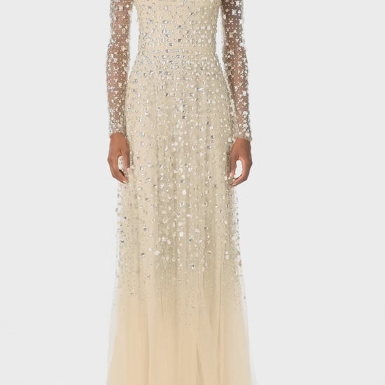 Monique Lhuillier Spring 2025 long sleeve tulle gown in cascading crystal embroidery - video.