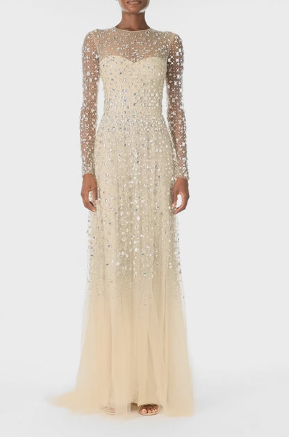 Monique Lhuillier Spring 2025 long sleeve tulle gown in cascading crystal embroidery - video.