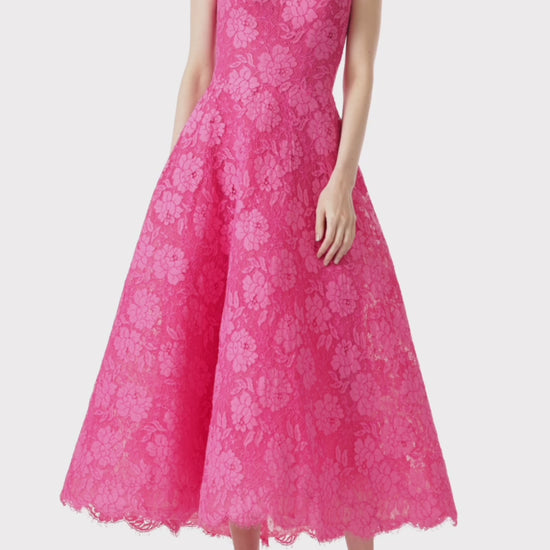 Monique Lhuillier strapless pink lace cocktail dress with full skirt.